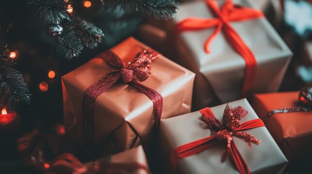 Beautifully wrapped Christmas presents piled under a festive tree with soft, warm lighting creating a cozy holiday ambiance.