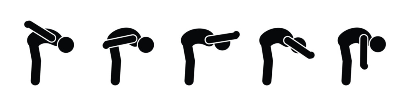 Vector stickman set of people bending with different arm positions and gestures. Black human icons isolated on white background for design and infographics.