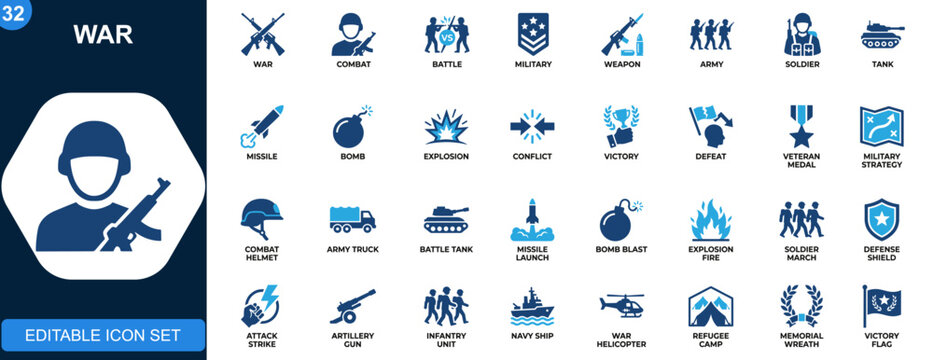 War icon set, battle, combat, weapon, missile, bomb, army, tank, soldier, explosion, victory, defeat, military strategy. Solid icons collection. Vector.