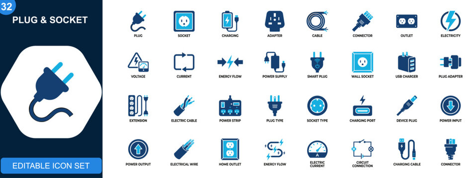 Electric plug and socket icon set, power outlet, charging, smart plug, energy connection, voltage and adapter. Icons collection. Vector.