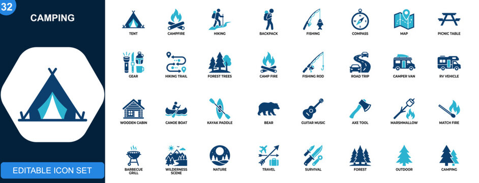 Camping icon set, outdoor adventure, tent, hiking, campfire, fishing, forest, travel gear, survival tools. Solid icons collection. Vector.