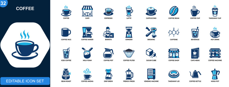Coffee icon set, latte, espresso, cappuccino, coffee bean, cafe, caffeine, brewing, takeaway cup, coffee shop tools. Solid icons collection. Vector.