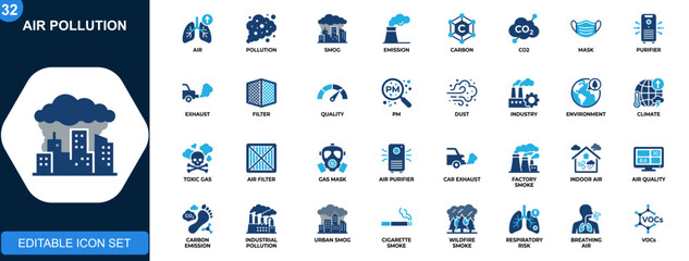 Air pollution icon set, CO2 emissions, smog, PM, air purifier, mask, exhaust, indoor air quality, industrial pollution. Solid icons collection. Vector.
