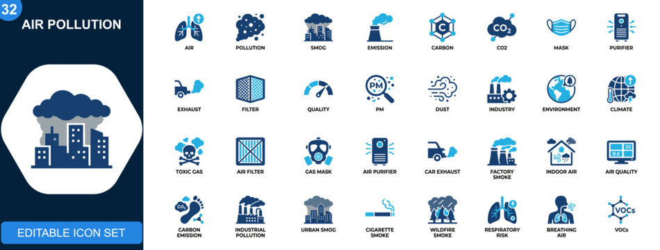 Air pollution icon set, CO2 emissions, smog, PM, air purifier, mask, exhaust, indoor air quality, industrial pollution. Solid icons collection. Vector.