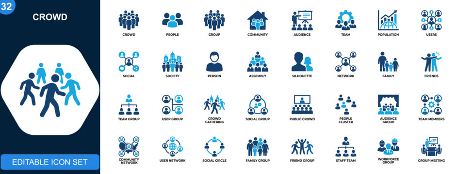Crowd icon set, group people, community, audience, team, social gathering, population, users. Solid icons collection. Vector.