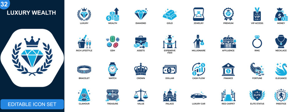Luxury wealth icon set, diamond, gold, jewelry, VIP, premium assets, rich lifestyle, money and finance elements. Solid icons collection. Vector.