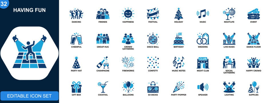 People having fun icon set, party, celebration, dancing, friends, holiday, nightlife, music, happiness, festive events. Icons collection. Vector.