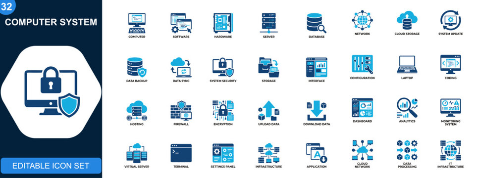 Computer system icon set, software update, hardware, database, server, network, cloud, security, configuration, backup, processing, interface icons collection. Vector.