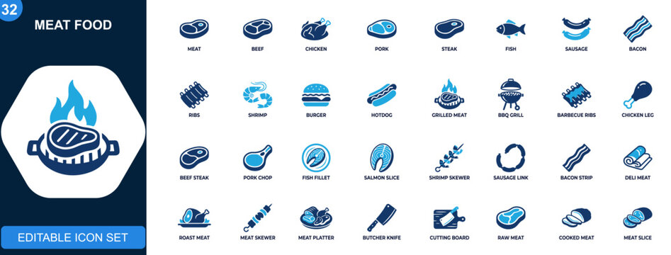 Meat food icon set, beef, chicken, pork, steak, fish, sausage, BBQ, ham, bacon, ribs, seafood, burger, hotdog. Solid icons collection. Vector.
