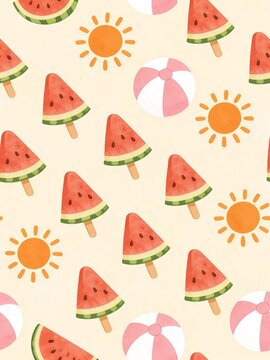 Colorful summer pattern featuring watermelon slices, sun icons, and beach balls on a light beige background, ideal for seasonal designs and decorations