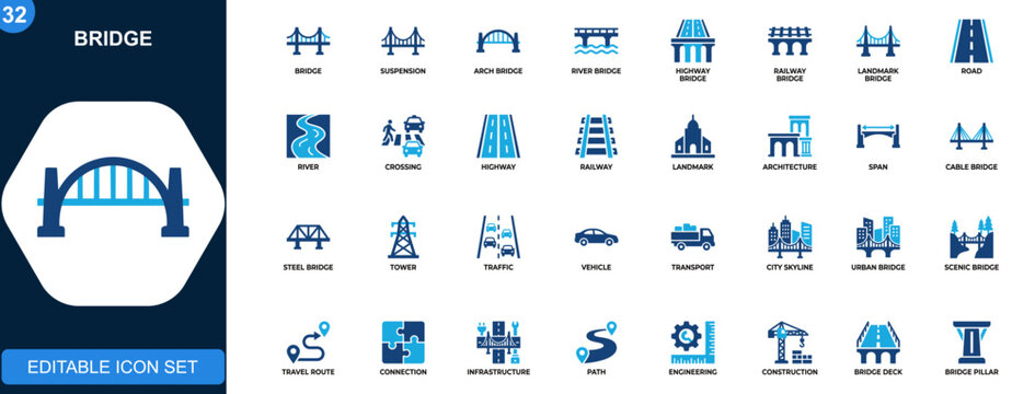 Bridge icon set, suspension, arch, river crossing, highway, railway, landmark architecture. Icons collection. Vector.
