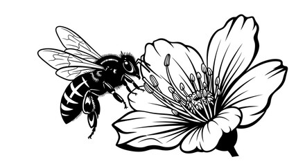 Detailed black and white illustration of a honey bee collecting nectar from a blooming flower on an isolated white background. © Brondol