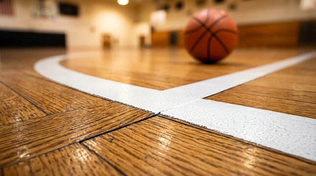 A basketball lies on the wooden court floor near the free throw line.
