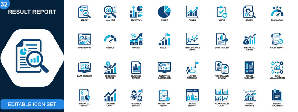 Result report icon set, analysis, statistics, financial charts, document review, audit, evaluation, business growth. Icons collection. Vector.