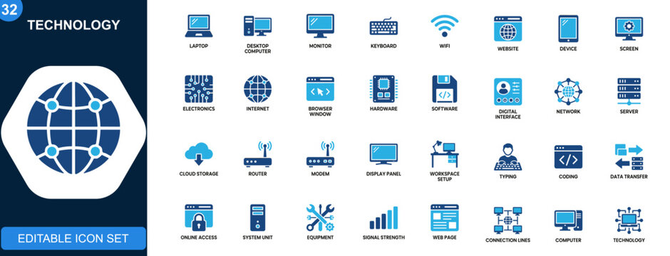 Information technology icon set, computer, laptop, keyboard, wifi, website, network, device, digital interface. Icons collection. Vector.