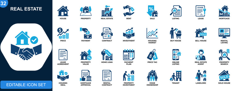 Real estate icons set, house sale, home rent, property listing, lease agreement, mortgage, pricing, transaction, investment, housing market. Icons collection. Vector.