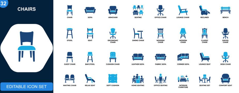 Chair icon set, office chair, armchair, sofa, seating furniture, lounge, ergonomic, modern interior. Icons collection. Vector.