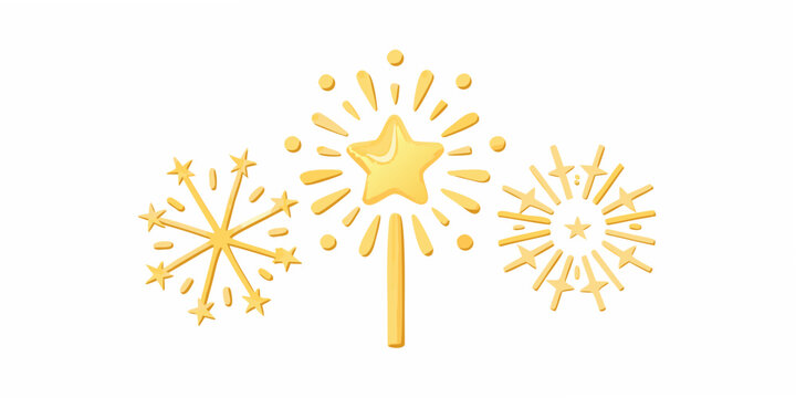 Three golden sparklers with star shaped bursts illuminate a white background