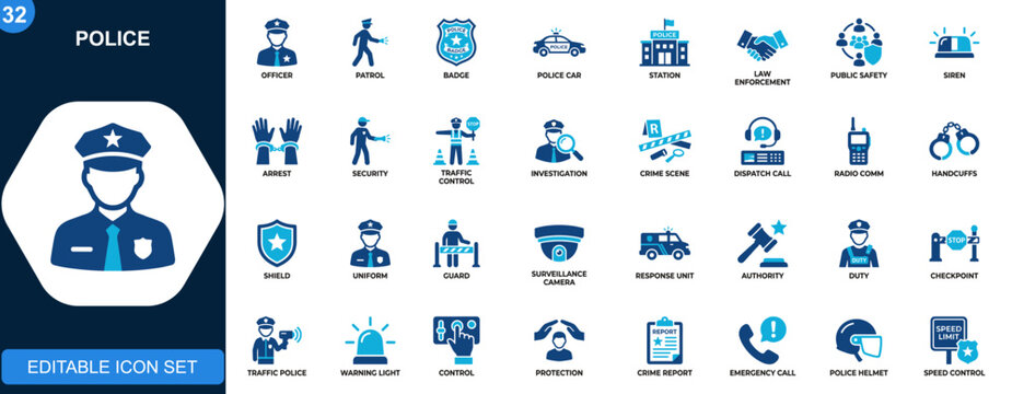 Police icon set, law enforcement, officer, patrol car, badge, station, security, emergency response, public safety. Icons collection. Vector.