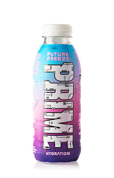 Prime hydration future freeze drink bottle on white