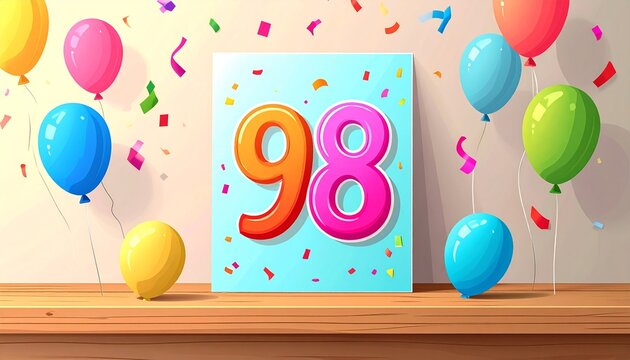 Birthday or anniversary card with number 98. Cartoon illustration with bright colors and balloons