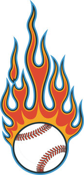 Energetic vector illustration featuring a baseball on fire with vibrant orange and blue flame trails.