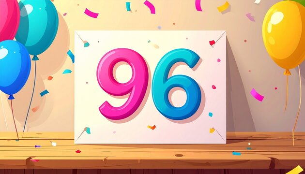 Birthday or anniversary card with number 96. Cartoon illustration with bright colors and balloons
