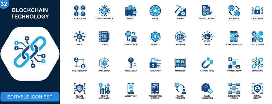 Blockchain technology icon set, cryptocurrency, decentralized finance, wallet, token, mining, smart contract, exchange, encryption, network security. Solid icons collection. Vector.