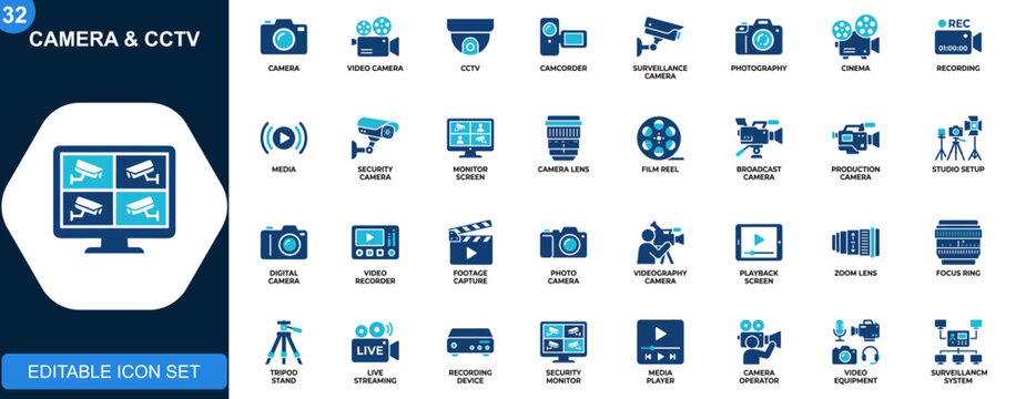 Camera and CCTV icon set, video camera, camcorder, surveillance, photography, cinema, recording, media production, security monitoring. Icons collection. Vector.