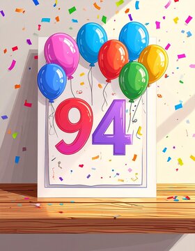 Birthday or anniversary card with number 94. Cartoon illustration with bright colors and balloons