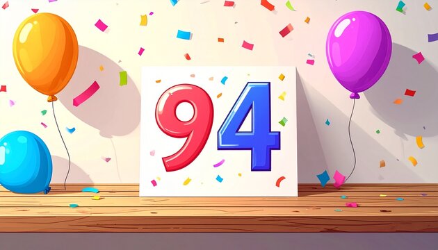 Birthday or anniversary card with number 94. Cartoon illustration with bright colors and balloons