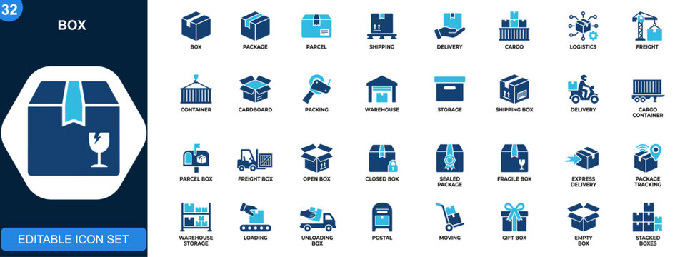 Box icon set, package, parcel, shipping, delivery, cargo, freight, logistics. Editable icons collection. Vector.