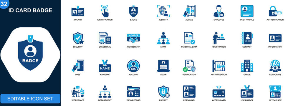 ID card badge icon set, identification, identity, access, employee, user profile, security authentication, registration, contact information. Icons collection. Vector.