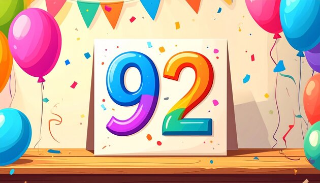 Birthday or anniversary card with number 92. Cartoon illustration with bright colors and balloons
