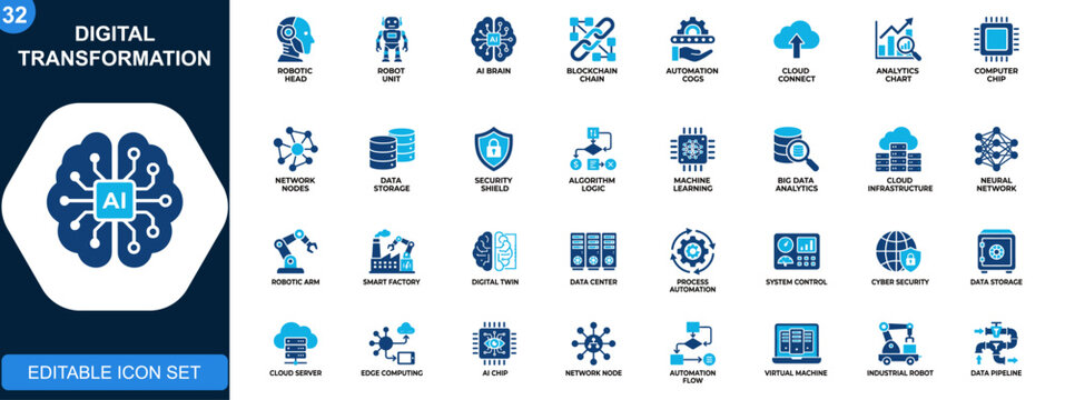 Digital transformation icon set, Industry 4.0, robotics, artificial intelligence, blockchain, big data, automation, cloud computing. Icons collection. Vector.