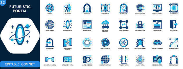 Futuristic portal icon set, time travel, teleport, cyberspace gateway, digital access, sci fi entrance, virtual doorway. Icons collection. Vector. © JIm Studio
