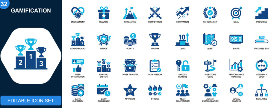 Gamification icon set, reward, challenge, competition, motivation, achievement, engagement, progress, goal tracking, user interaction. Solid icons collection. Vector.