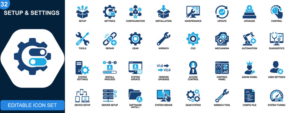Setup and settings icon set, configuration, installation, maintenance, update, upgrade, control tools. Icons collection. Vector.