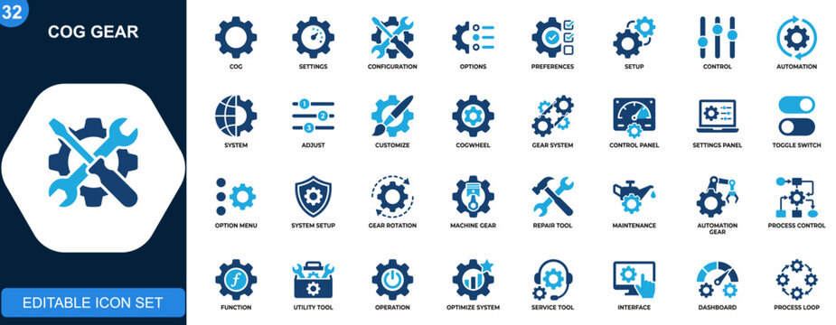 Cog gear icon set, settings, configuration, preferences, options, system controls, automation, setup tools. Solid icons collection. Vector.