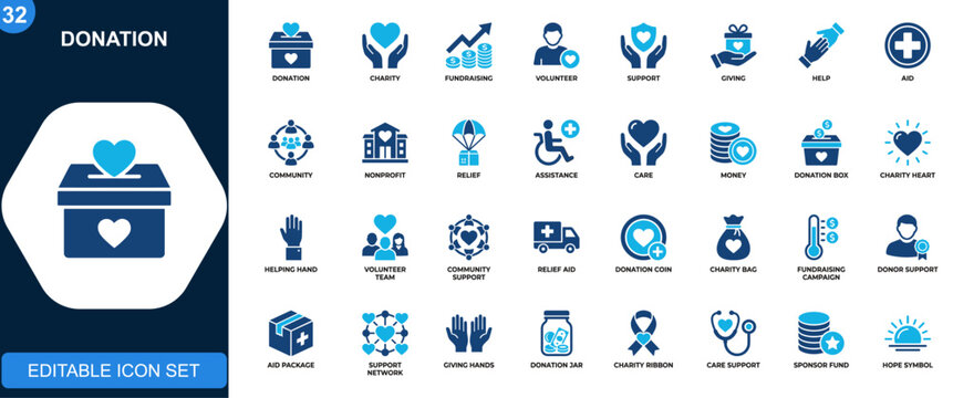 Donation icons set, charity, fundraising, volunteer, support, community, giving, help, aid, nonprofit, relief. Icons collection. Vector.