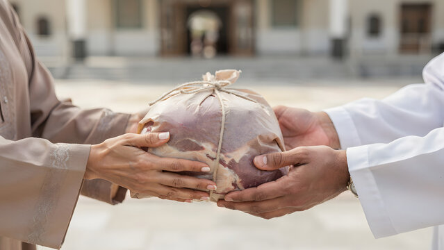 Hands Sharing Meat Donation on Eid al-Adha