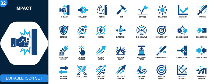 Impact icons set, collision, force, action, reaction, hit, bounce, reflect, attack, defense, motion, energy, direction. Icons collection. Vector.