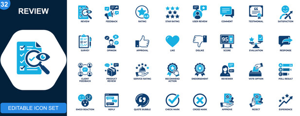 Naklejka premium Review feedback icon set, ratings, comments, testimonials, satisfaction, survey, opinion, approval, like, evaluation, response. Outline icons collection. Vector.