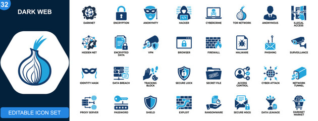Dark web icon set, darknet access, encryption, anonymity, hacker activity, onion routing, cybercrime security. Solid icons collection. Vector. © JIm Studio