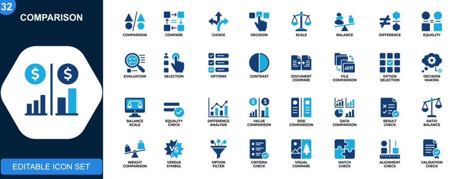 Comparison icon set, choice evaluation, balance scale, document comparison, decision making, equality check. Icons collection. Vector.