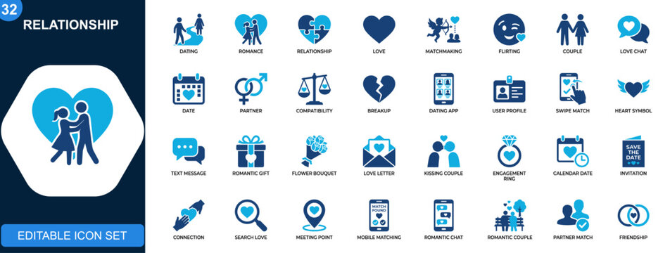 Dating app and relationship icon set, romance, matchmaking, flirting, speed dating, love chat, breakup, gifts, compatibility. Solid icons collection. Vector.