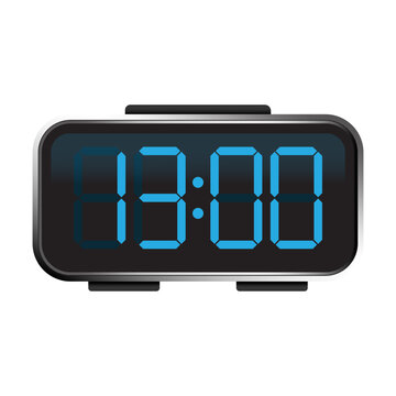 Digital clock with blue glowing numbers showing 13 00 vector. Perfect for time management applications UI and web design graphics.
