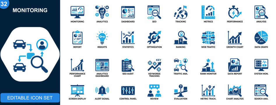 Monitoring icon set, analytics, SEO tracking, data analysis, performance metrics, dashboard observation. Solid icons collection. Vector.