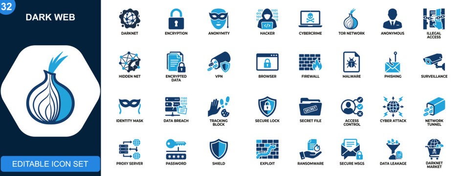 Dark web icon set, darknet access, encryption, anonymity, hacker activity, onion routing, cybercrime security. Solid icons collection. Vector.
