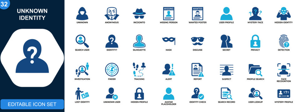 Unknown identity icon set, incognito, anonymous user, missing person, wanted poster, search profile, mystery face. Solid icons collection. Vector.